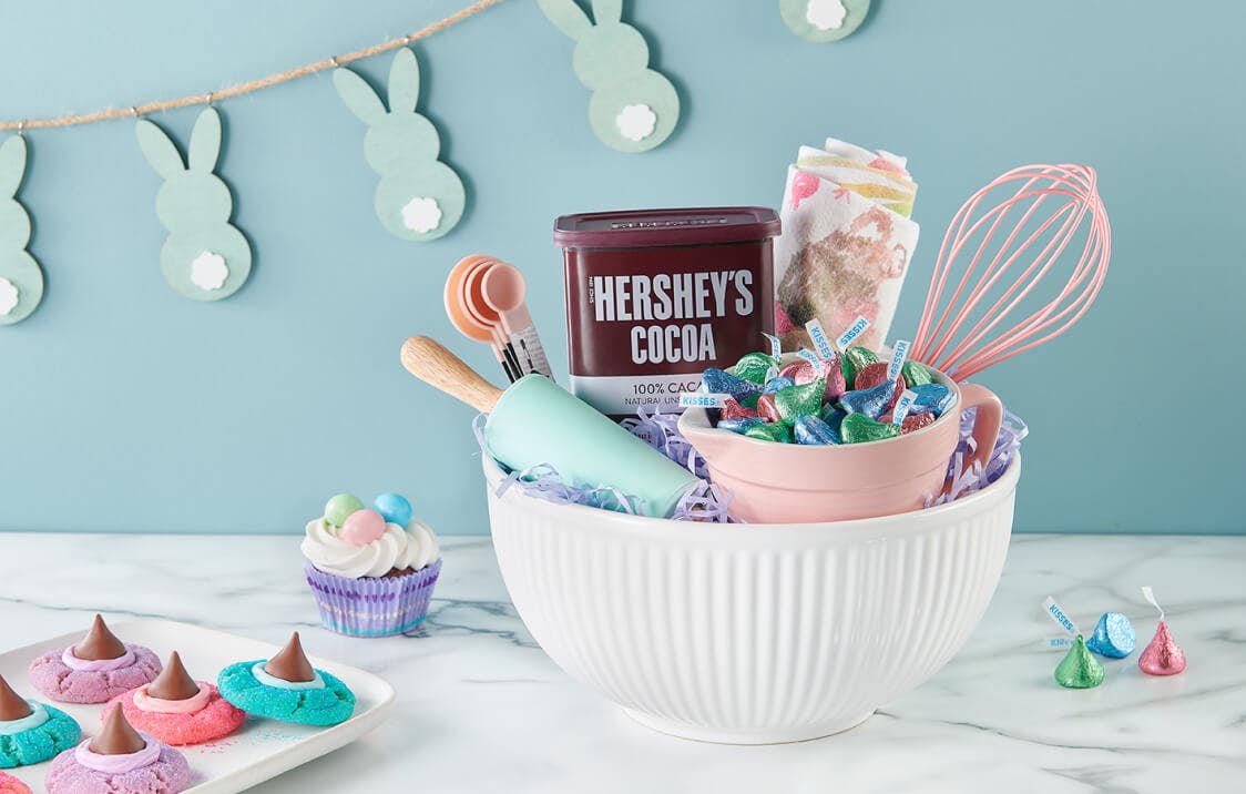 hersheys easter themed baking basket stuffed with baking equipment and ingredients