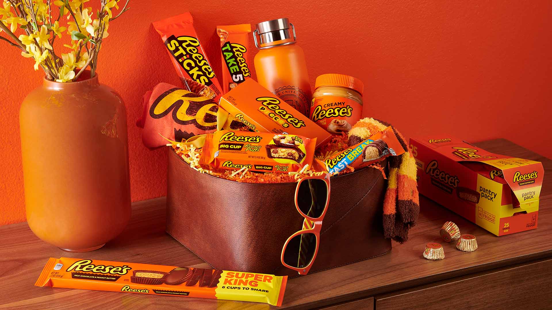 gift basket filled with assorted reeses products and merchandise