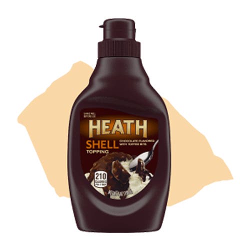 bottle of heath chocolatey english toffee shell topping