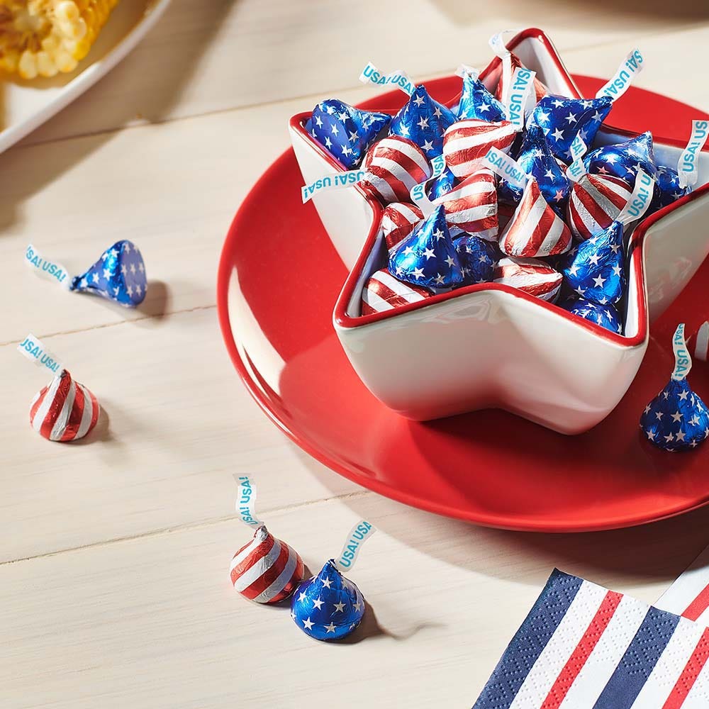 star shaped bowl filled with patriotic hersheys kisses chocolates