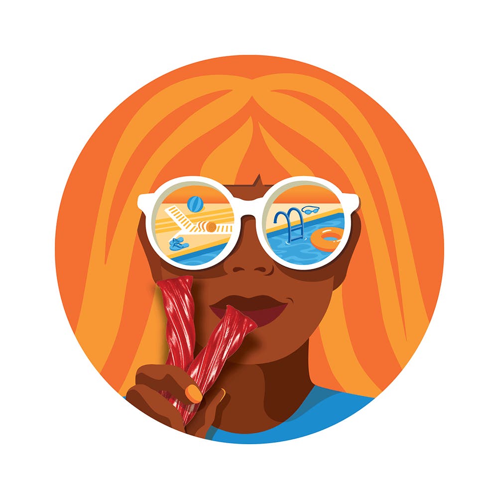 illustrated woman wearing sunglasses and holding twizzlers candy