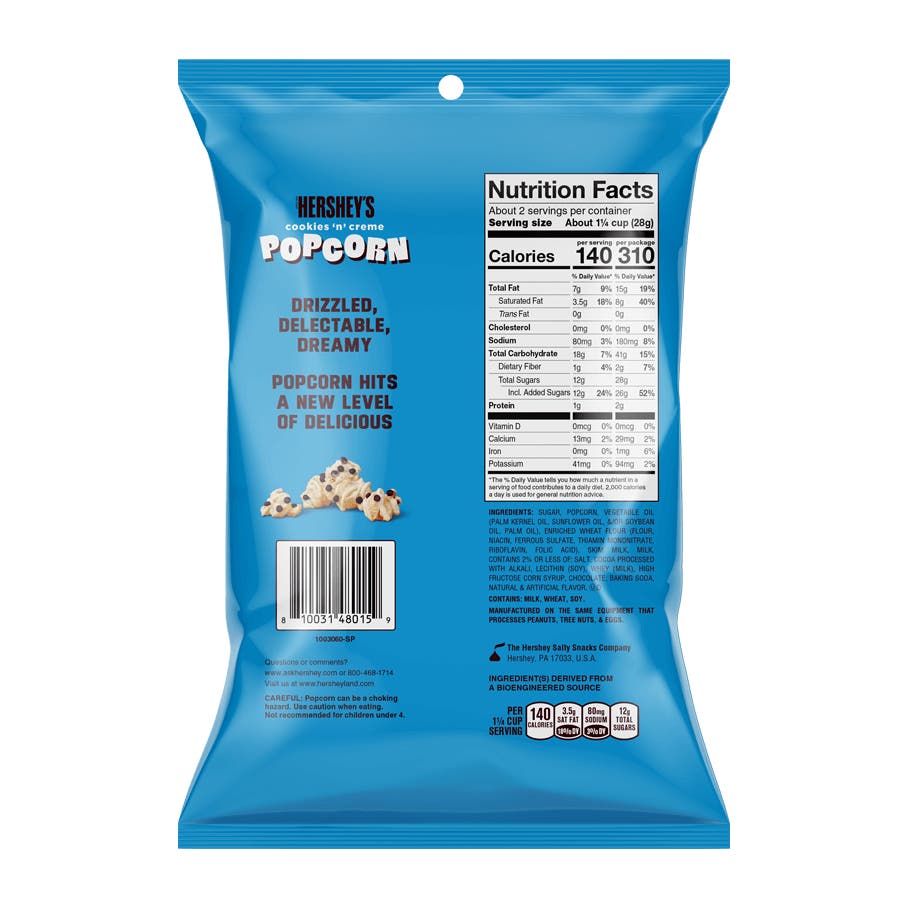 HERSHEY'S Cookies 'N' Creme Popcorn, 2.25 oz bag - Back of Package