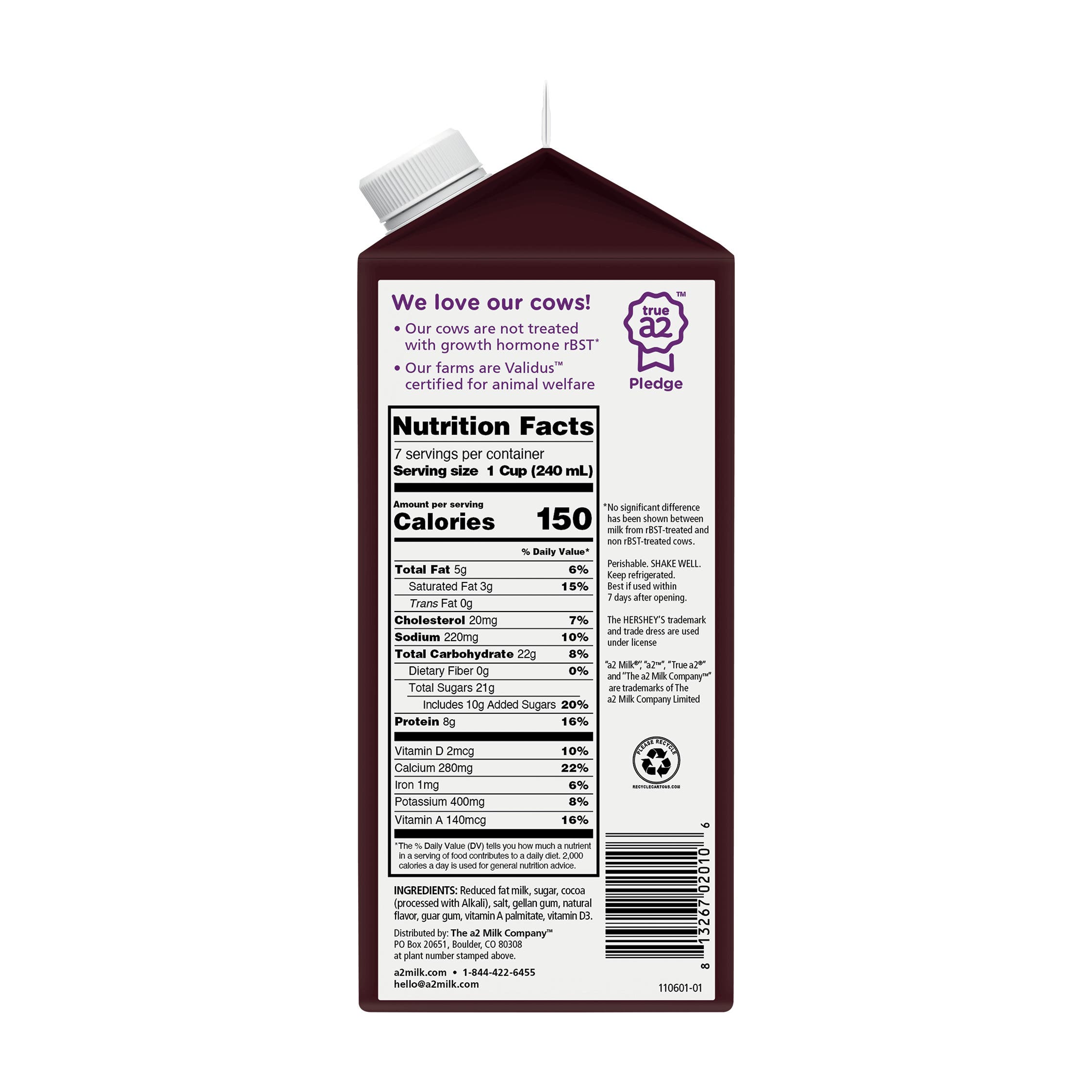 HERSHEY'S a2 Milk® Chocolate Milk, 59 oz bottle - Back of Package