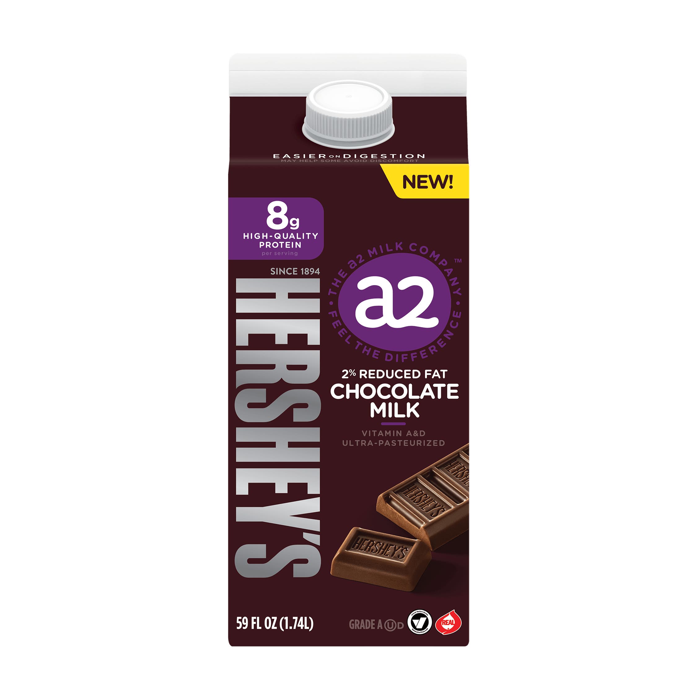 HERSHEY'S a2 Milk® Chocolate Milk, 59 oz bottle - Front of Package