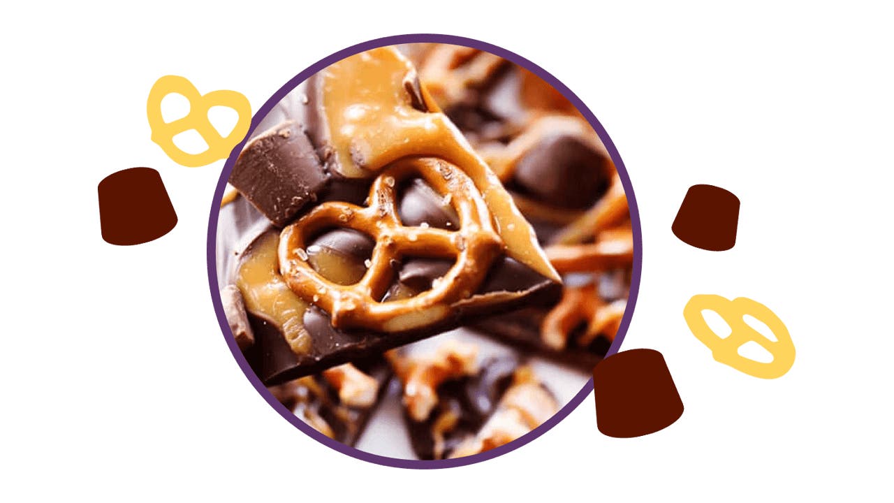 rolo pretzel bark surrounded by illustrations of pretzels and rolo candies