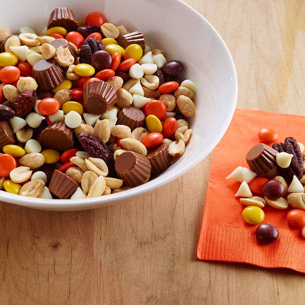 bowl filled with reeses peanut butter lovers trail mix